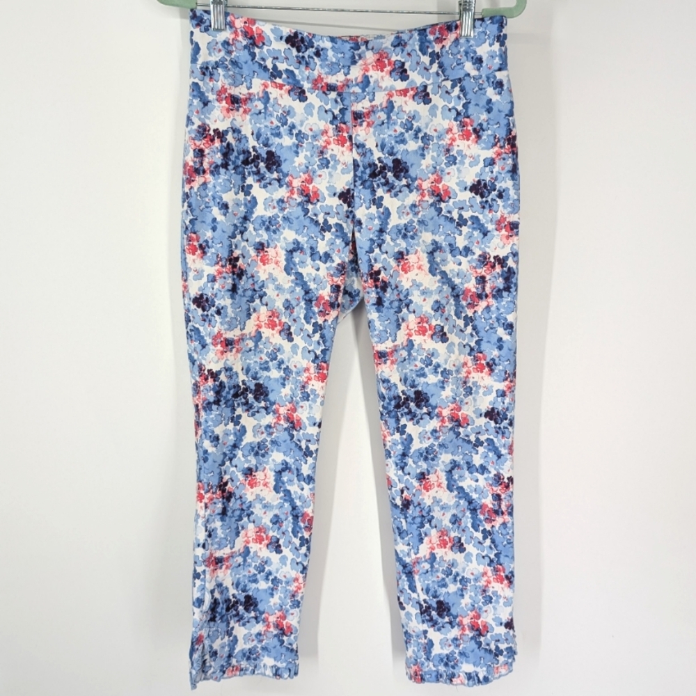 Crown & Ivy Red White Blue Floral Ruffle Hem Cropped 7/8 Pull On Pants 12